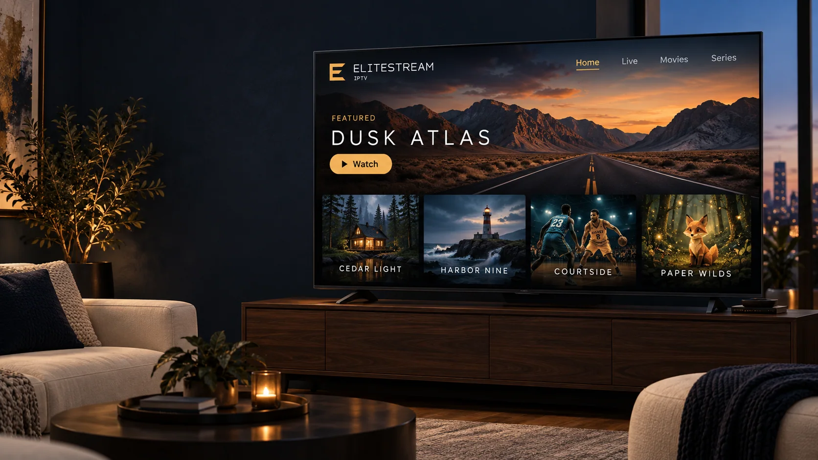 A warmly lit living room with a television showing the Elitestream IPTV home screen and a featured title.