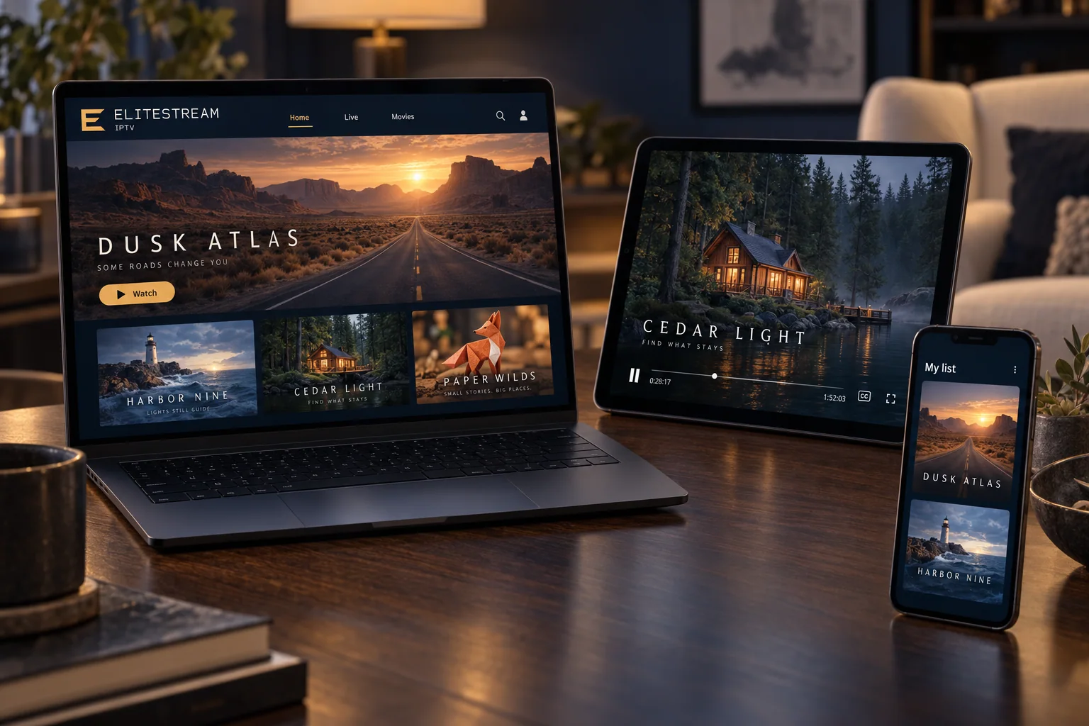 A laptop, tablet and phone showing three different Elitestream IPTV screens side by side.