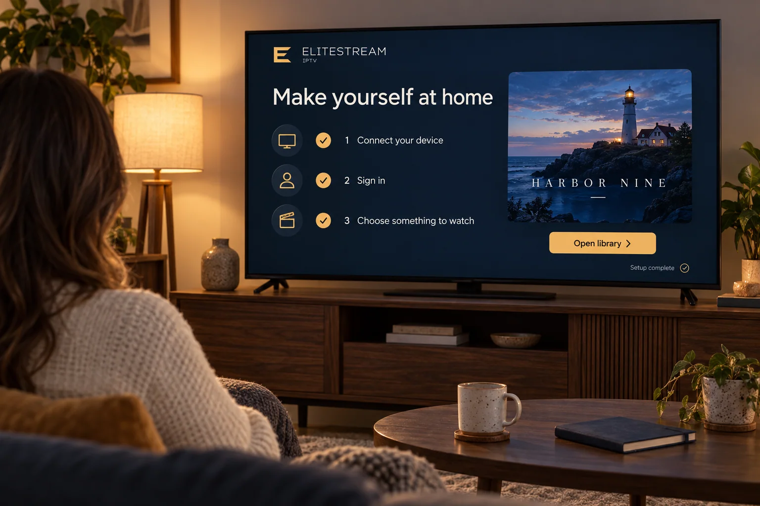 A television showing numbered setup steps: connect your device, sign in, choose something to watch.