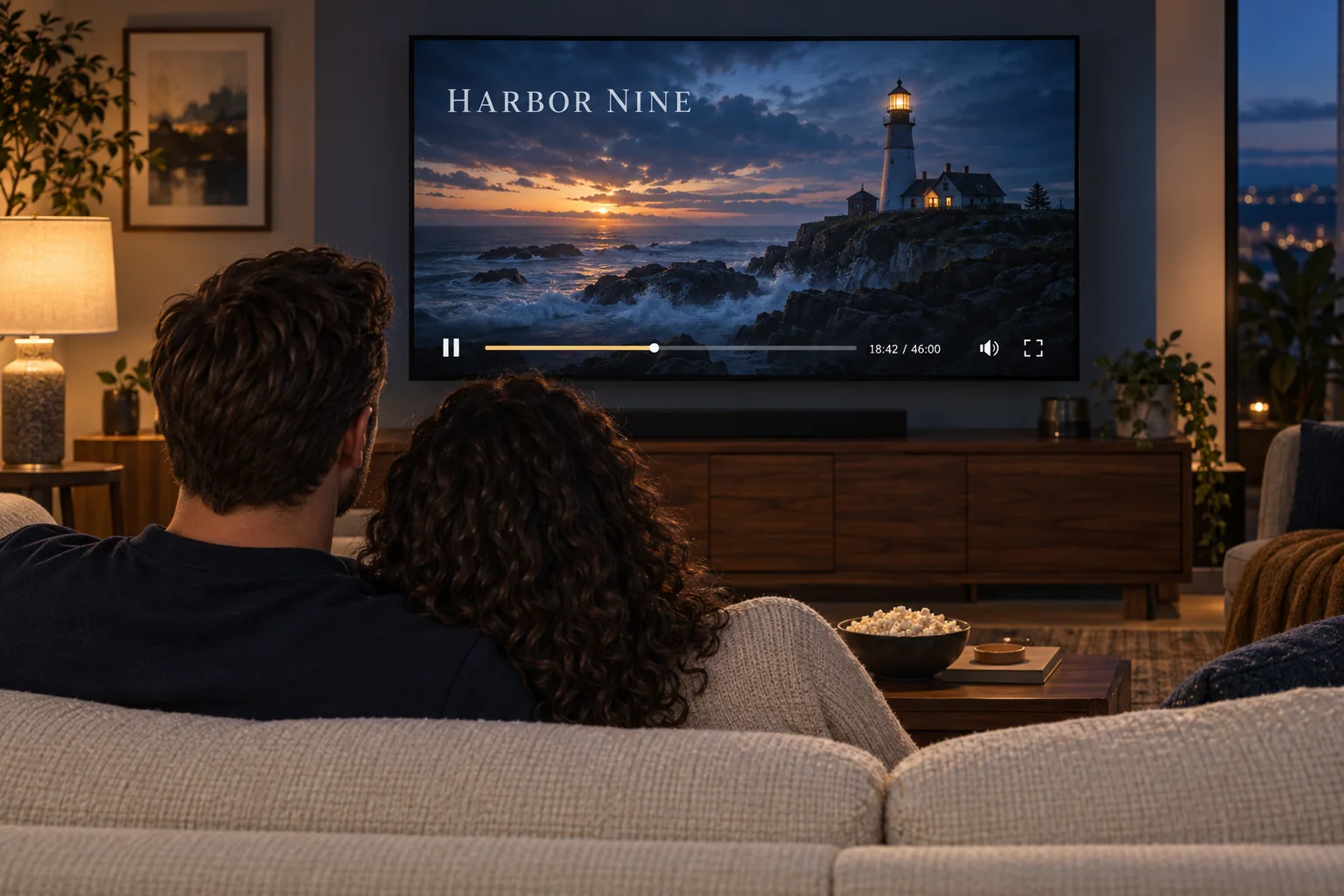 Two people watching a coastal drama together in a softly lit living room.
