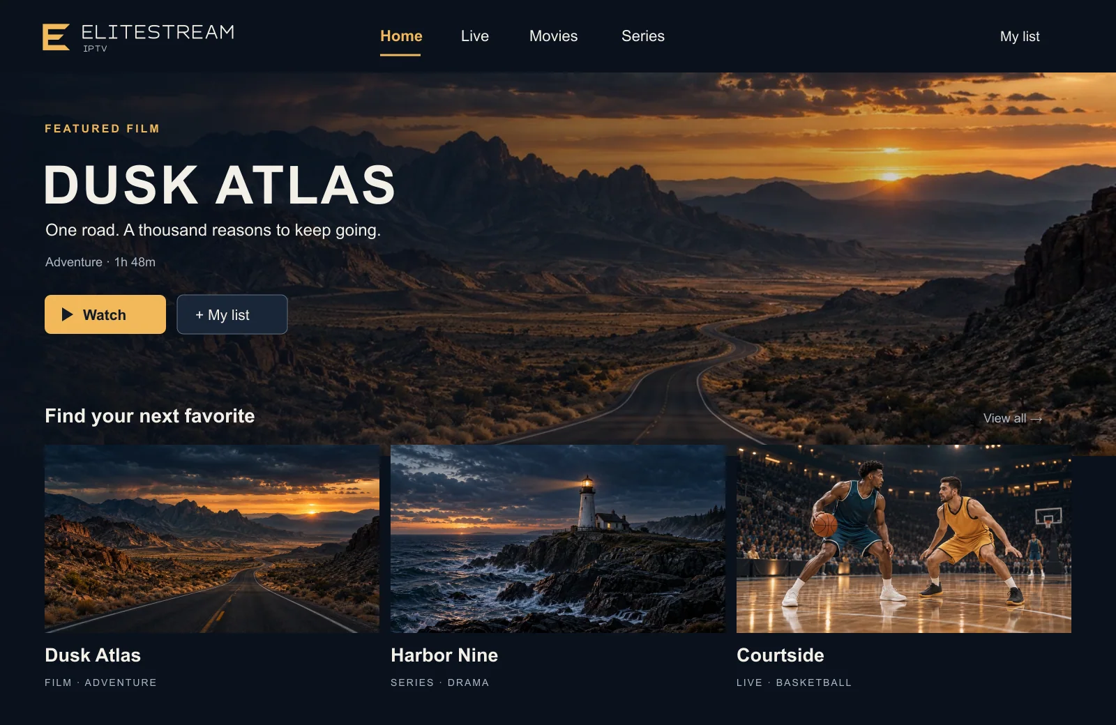 The Elitestream IPTV library, with a featured title and rows of browsable artwork by category.